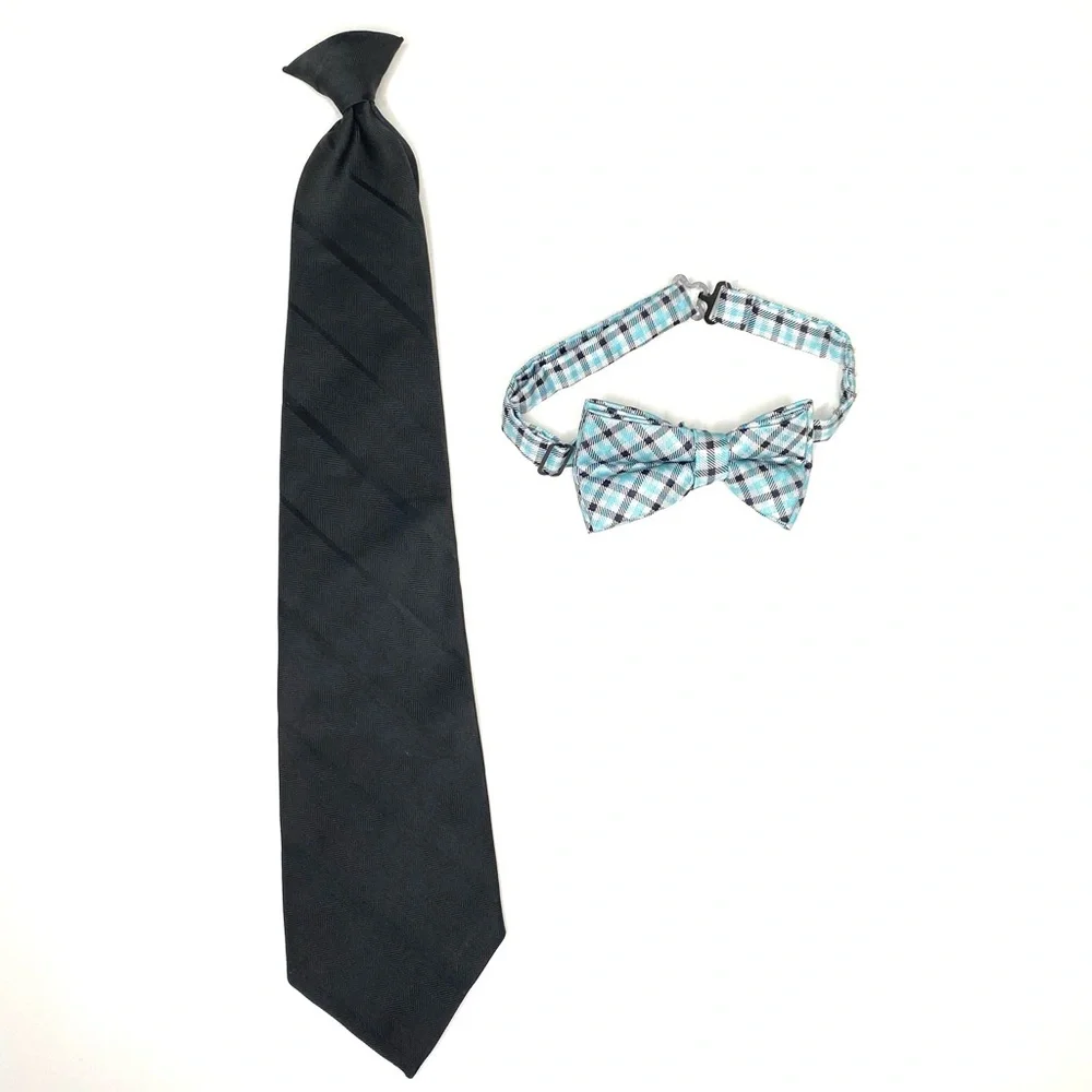 Ketch 2 Boys Black Tie Clip On - Black/ Blue Check Bow Tie - Great Condition